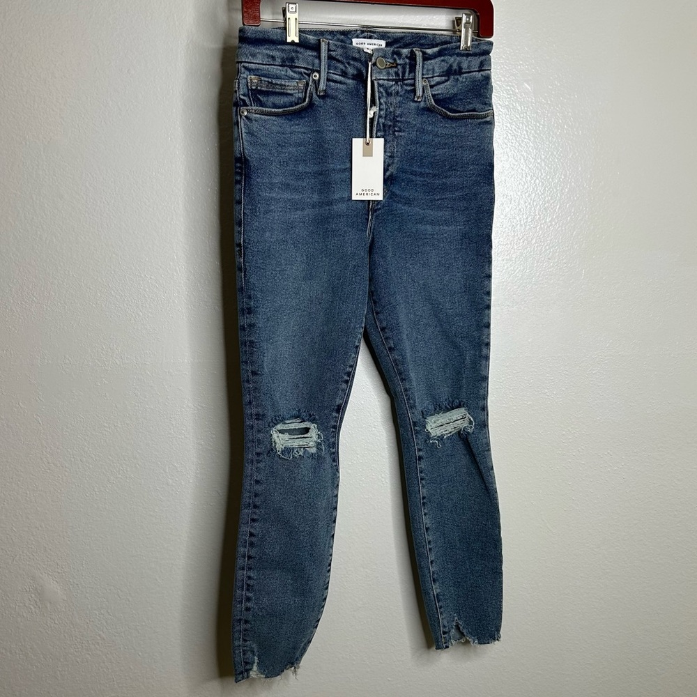 NWT Good American Good Waist Cropped Chewed Hem Jean Distressed 6/28